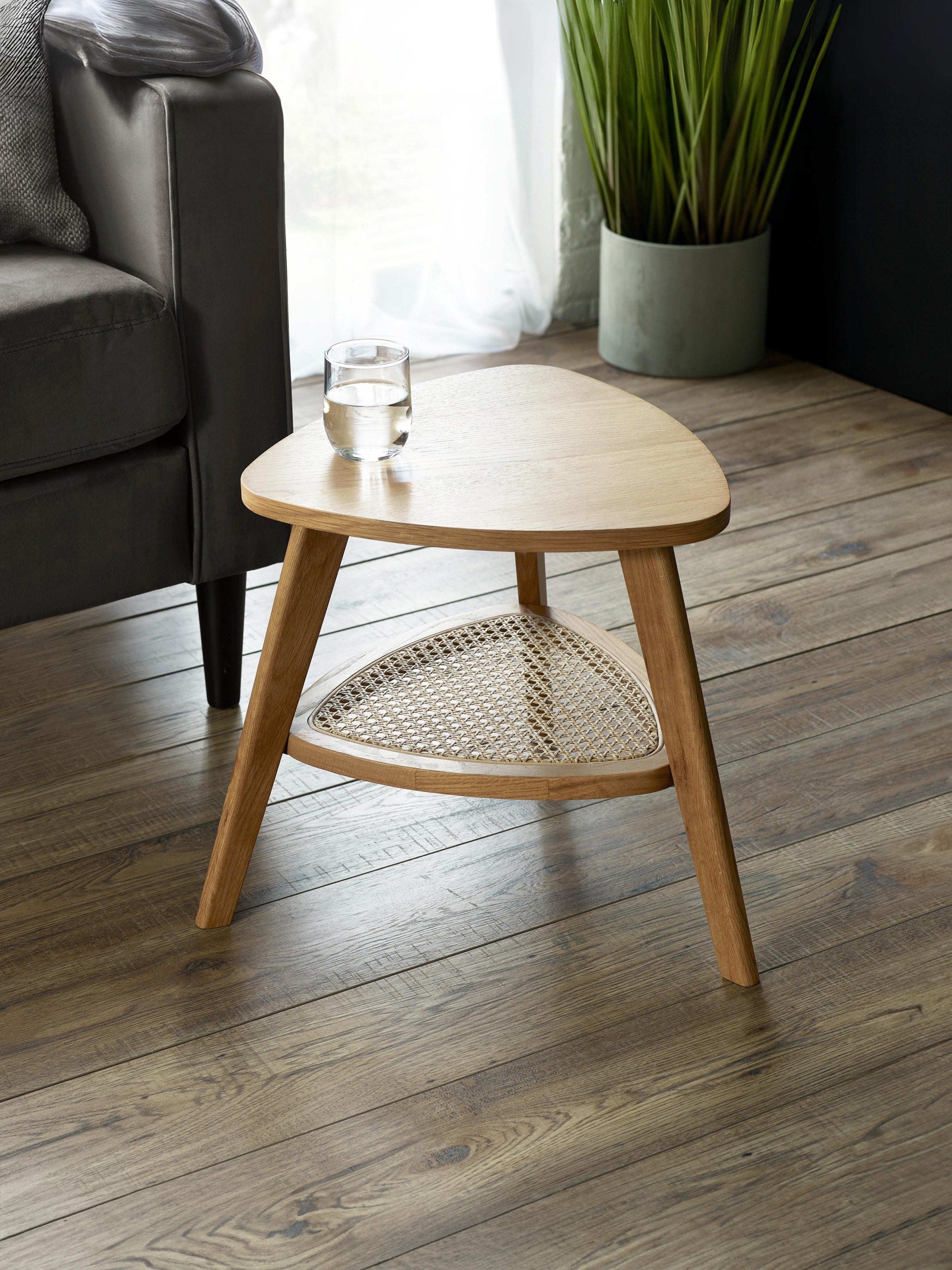 Cadio Natural Oak Wood & Rattan Triangular Side Table